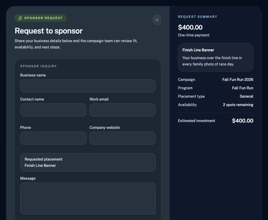 Booking a sponsorship online with sponsor details and payment