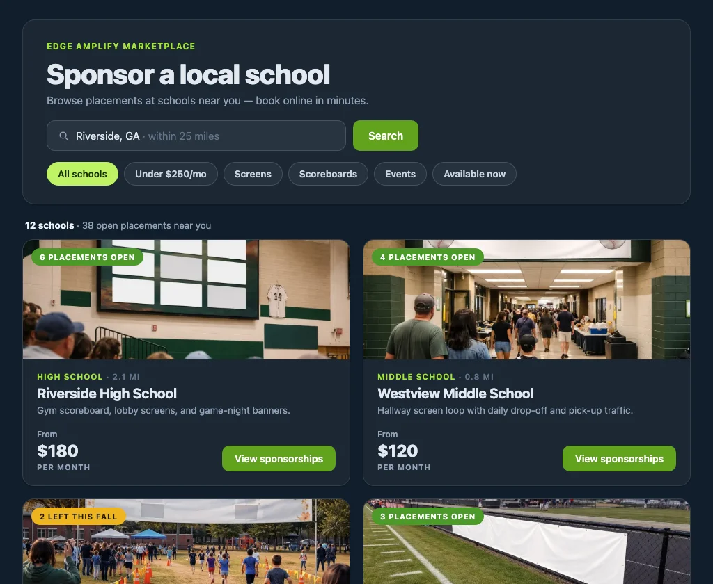 Browsing nearby schools with open sponsorship placements in the Amplify marketplace