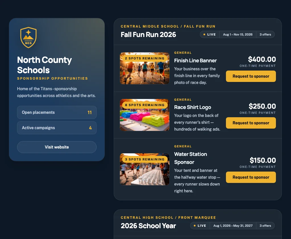 A sponsorship offer page with photos, pricing, and details