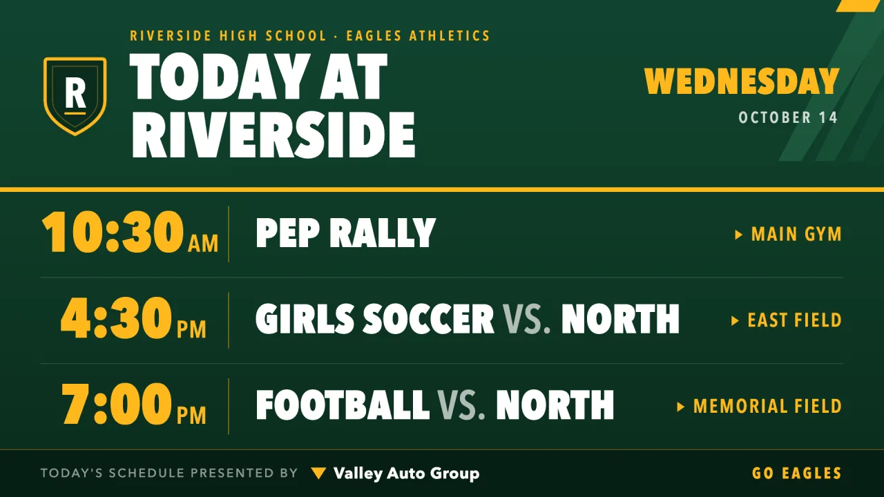 Hallway screen showing the school's daily schedule presented by Valley Auto Group