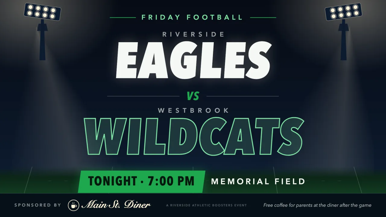 Hallway screen promoting Friday football, Eagles vs. Wildcats, sponsored by Main St. Diner
