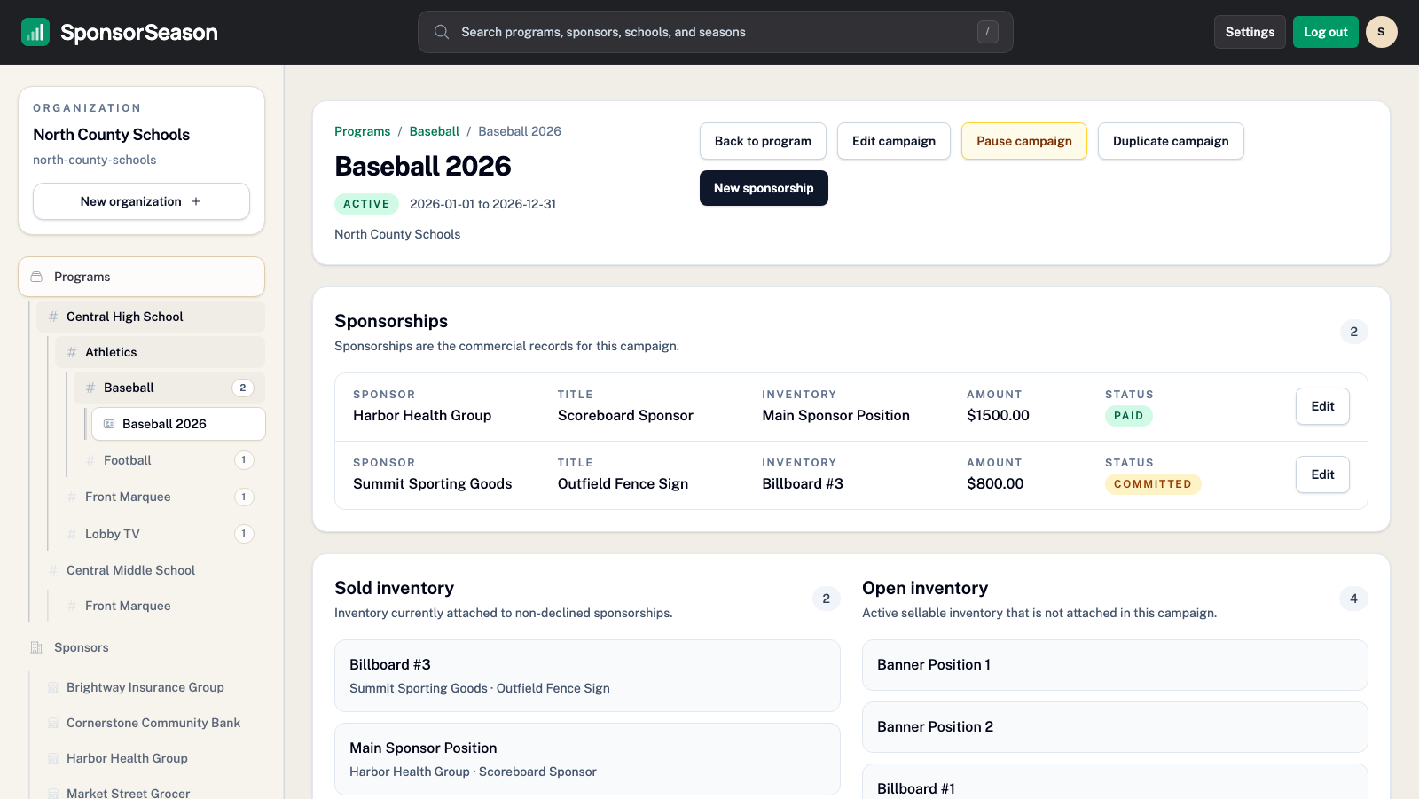 Seasons page in SponsorSeason
