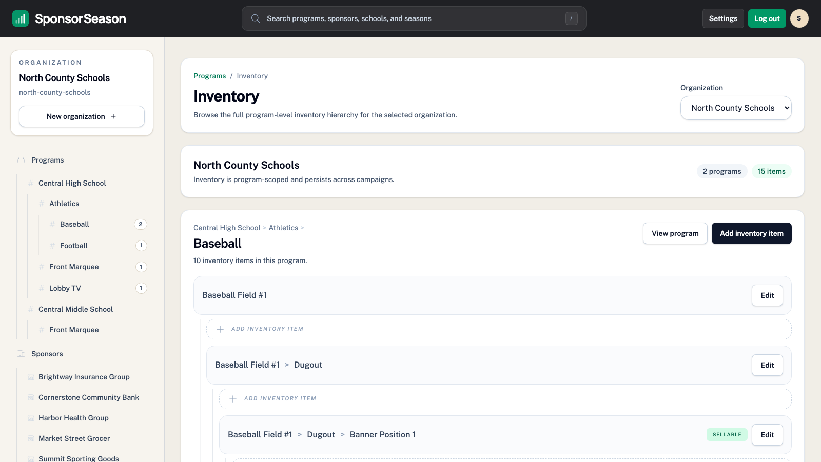 Inventory page in SponsorSeason