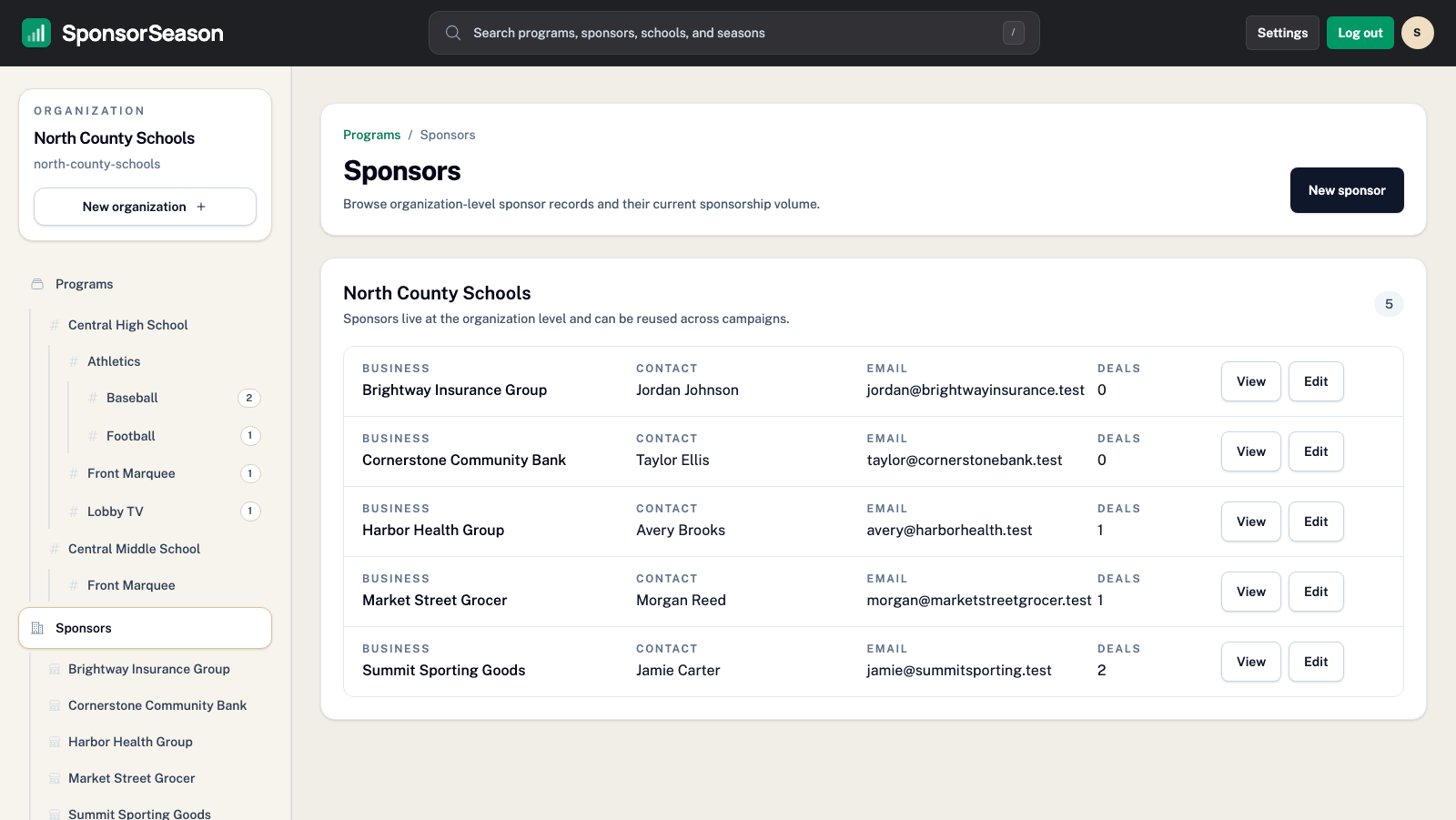 Sponsors page in SponsorSeason